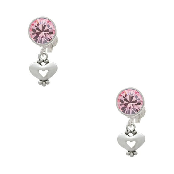Delight Jewelry Silvertone Mini Heart with Cutout Pink Crystal Clip on Earrings