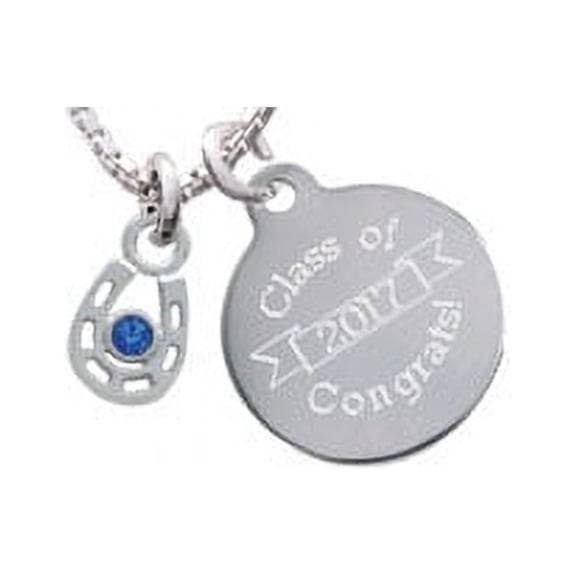 Silvertone Mini Horseshoe with Blue Crystal Class Of 2017 Congrats Engraved Necklace