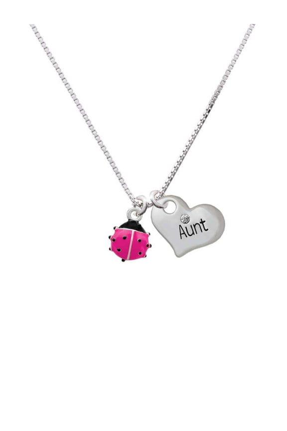 Silvertone Mini Hot Pink Ladybug Aunt Heart Necklace