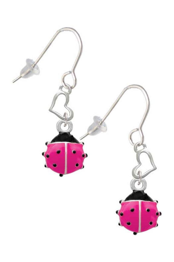 Silvertone Mini Hot Pink Ladybug Heart French Earrings