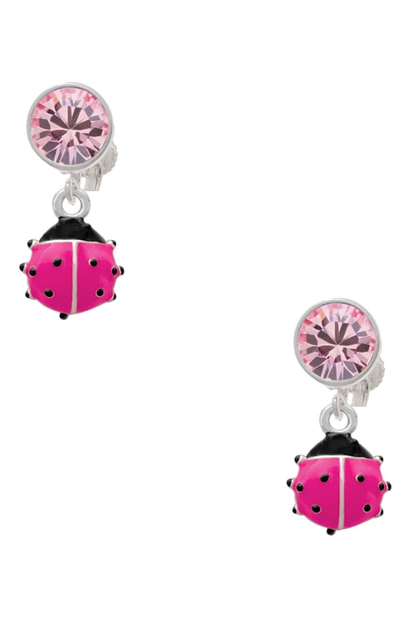 Silvertone Mini Hot Pink Ladybug Pink Crystal Clip on Earrings