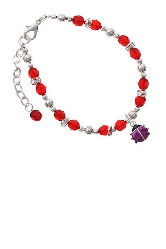 Silvertone Mini Hot Purple Ladybug Red Beaded Bracelet