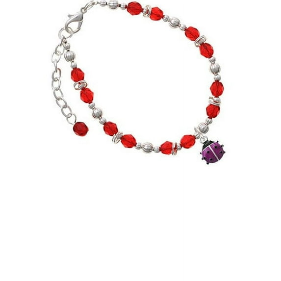 Silvertone Mini Hot Purple Ladybug Red Beaded Bracelet
