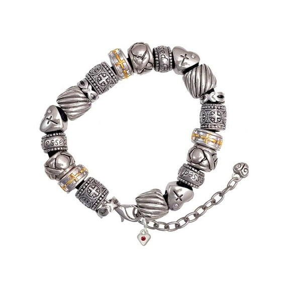 Silvertone Mini January - Maroon Crystal Heart Silver Tone Christian Bead Bracelet