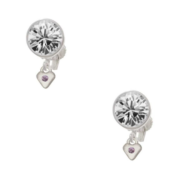 Silvertone Mini Light Purple Crystal Heart Clear Crystal Clip On Earrings