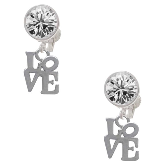 Silvertone Mini Love in Square Clear Crystal Clip On Earrings