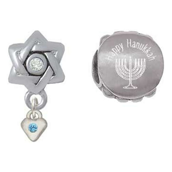 Silvertone Mini March - Hot Blue Crystal Heart Happy Hanukkah Charm Beads (Set of 2)