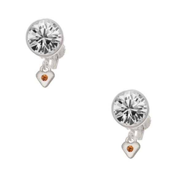Silvertone Mini November - Yellow Crystal Heart Clear Crystal Clip On Earrings