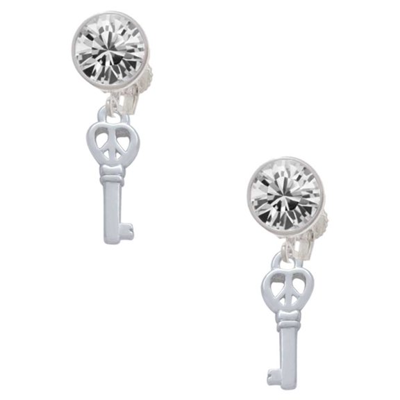 Silvertone Mini Open Peace Heart Key Clear Crystal Clip On Earrings