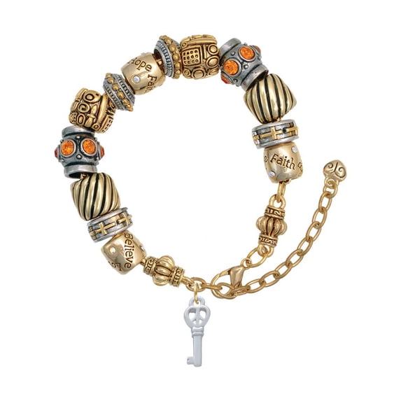 Silvertone Mini Open Peace Heart Key Two Tone Christian Bead Bracelet