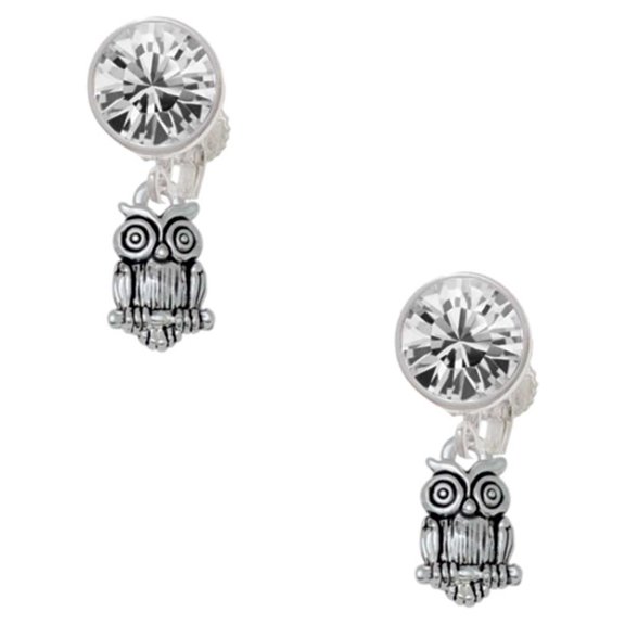 Silvertone Mini Owl Clear Crystal Clip On Earrings