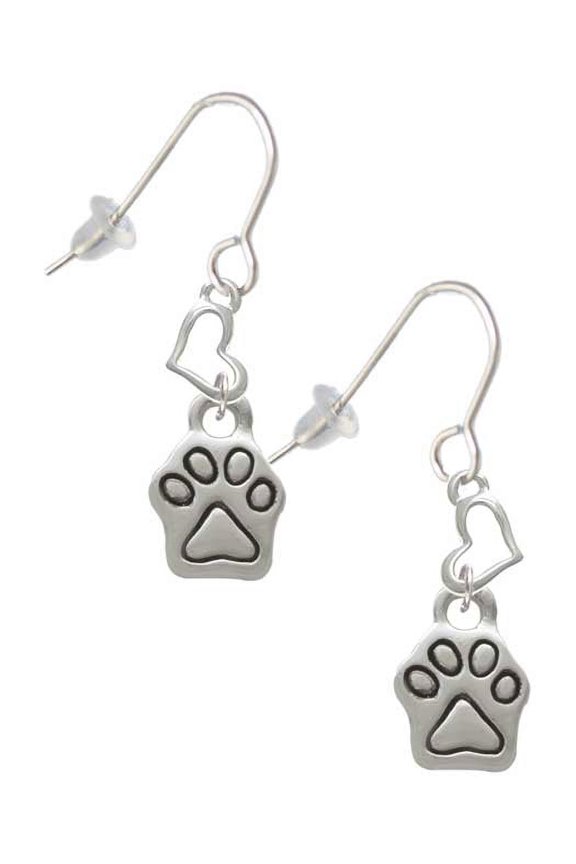 Silvertone Mini Paw Heart French Earrings