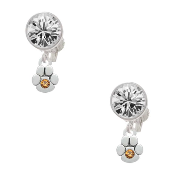 Silvertone Mini Paw with Yellow Crystal Clear Crystal Clip On Earrings