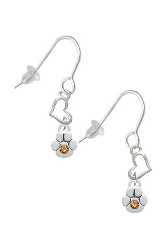 Silvertone Mini Paw with Yellow Crystal Heart French Earrings