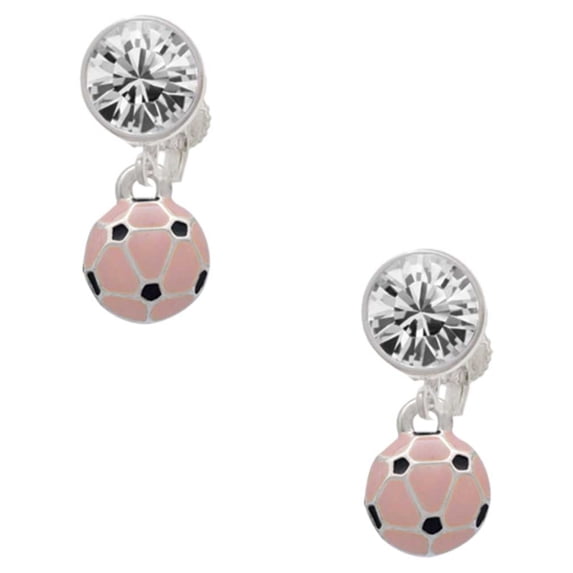 Silvertone Mini Pink Soccer ball Clear Crystal Clip On Earrings