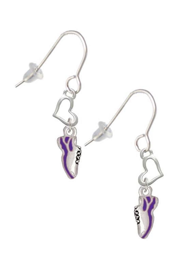 Silvertone Mini Purple Running Shoe Heart French Earrings