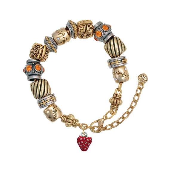 Silvertone Mini Red Enamel Strawberry Two Tone Christian Bead Bracelet