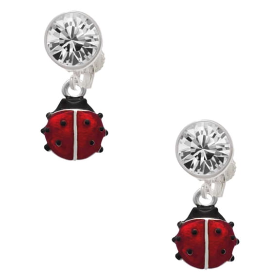 Silvertone Mini Red Translucent Ladybug Clear Crystal Clip On Earrings