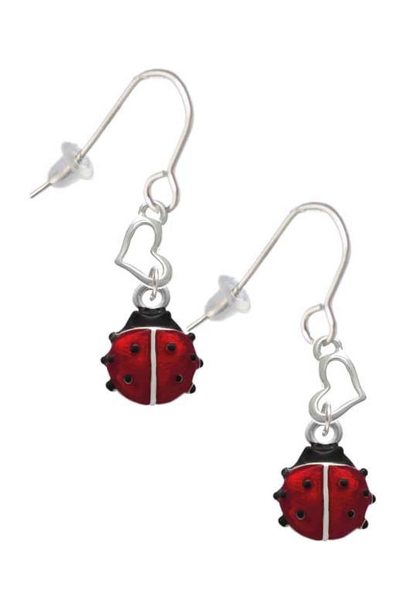 Silvertone Mini Red Translucent Ladybug Heart French Earrings