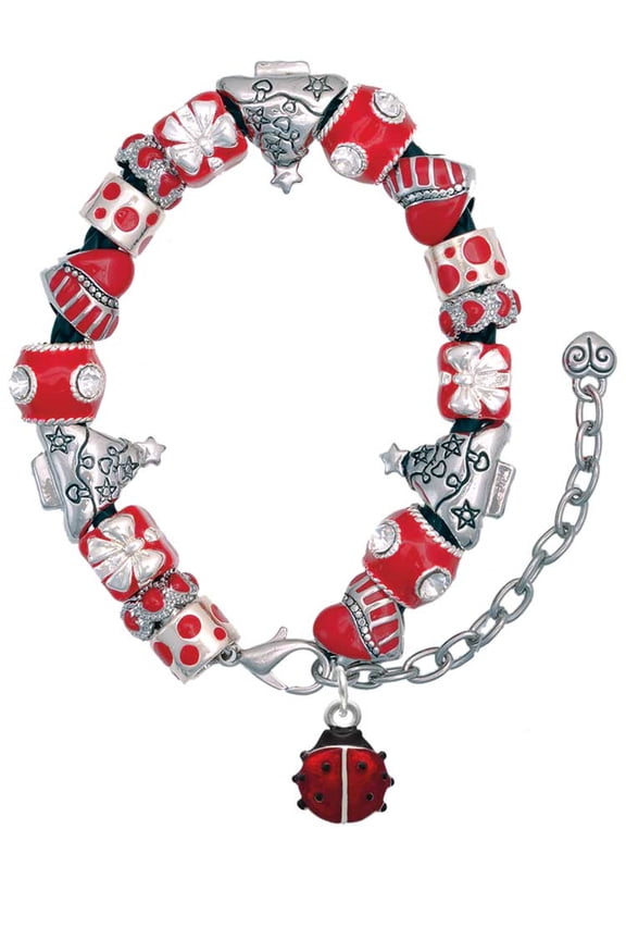 Silvertone Mini Red Translucent Ladybug Red Christmas Bead Bracelet