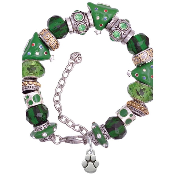 Silvertone Mini Rounded Paw Green Christmas Bead Bracelet