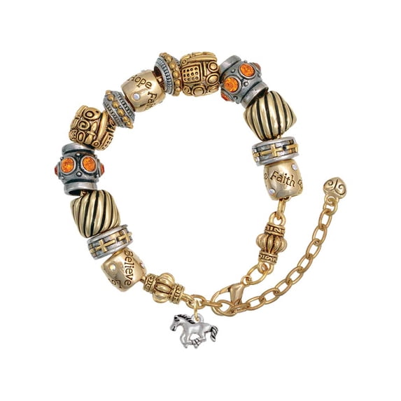Silvertone Mini Running Horse Two Tone Christian Bead Bracelet