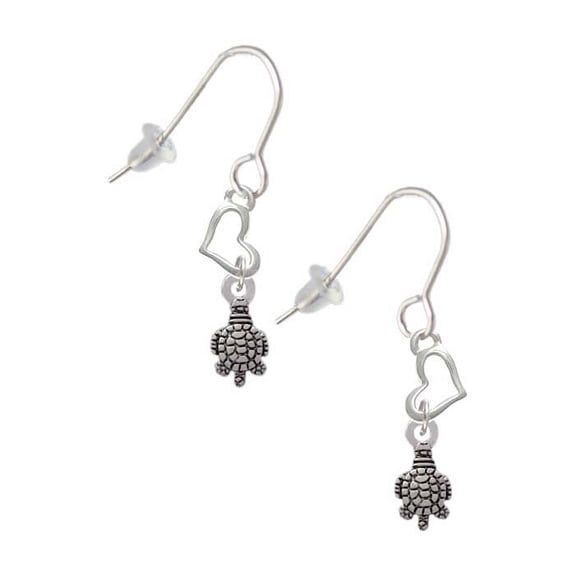 Silvertone Mini Sea Turtle Heart French Earrings