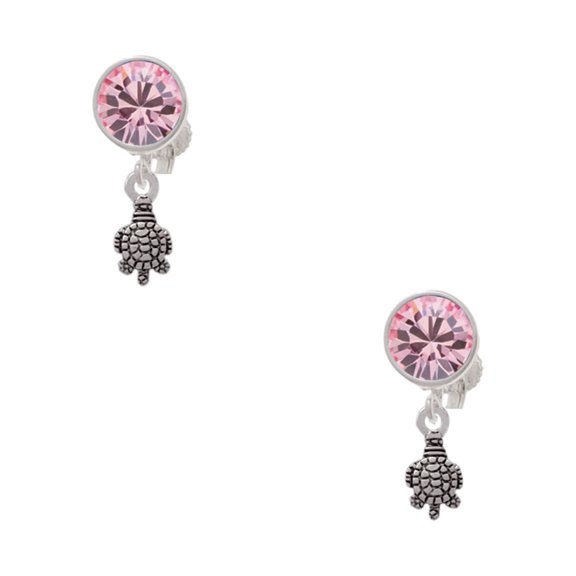 Delight Jewelry Silvertone Mini Sea Turtle Pink Crystal Clip on Earrings