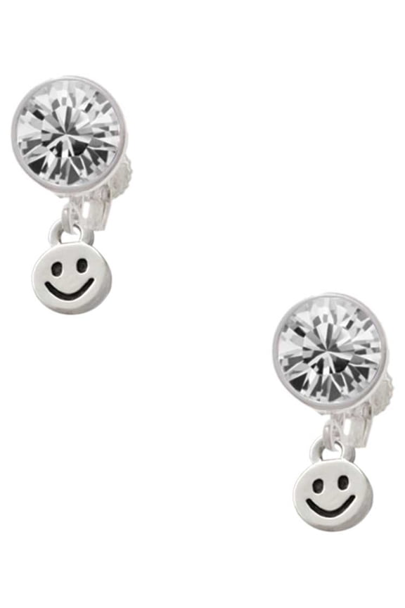 Silvertone Mini Smiley Face Clear Crystal Clip On Earrings