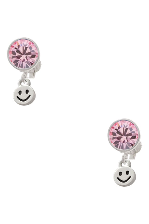 Silvertone Mini Smiley Face Pink Crystal Clip on Earrings