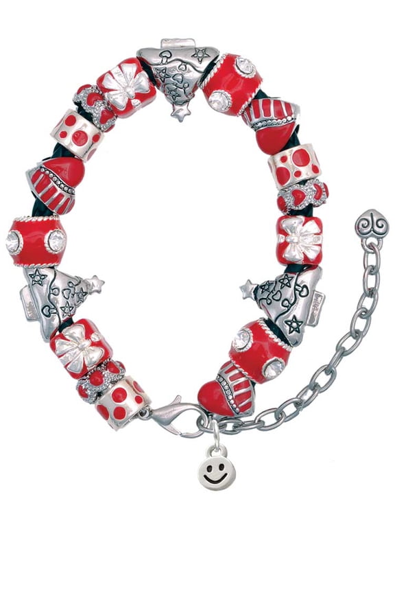 Silvertone Mini Smiley Face Red Christmas Bead Bracelet