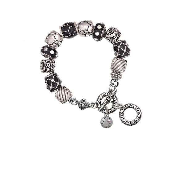 Silvertone Mini Softball/Baseball with AB Crystal Black Pebble Bead Charm Bracelet
