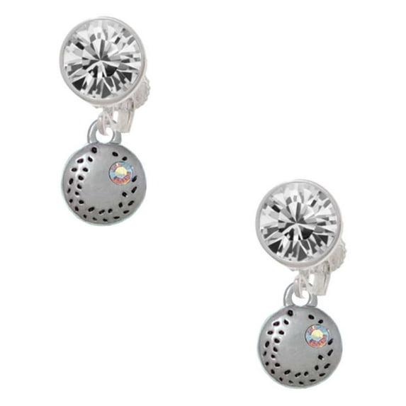 Silvertone Mini Softball/Baseball with AB Crystal Clear Crystal Clip On Earrings