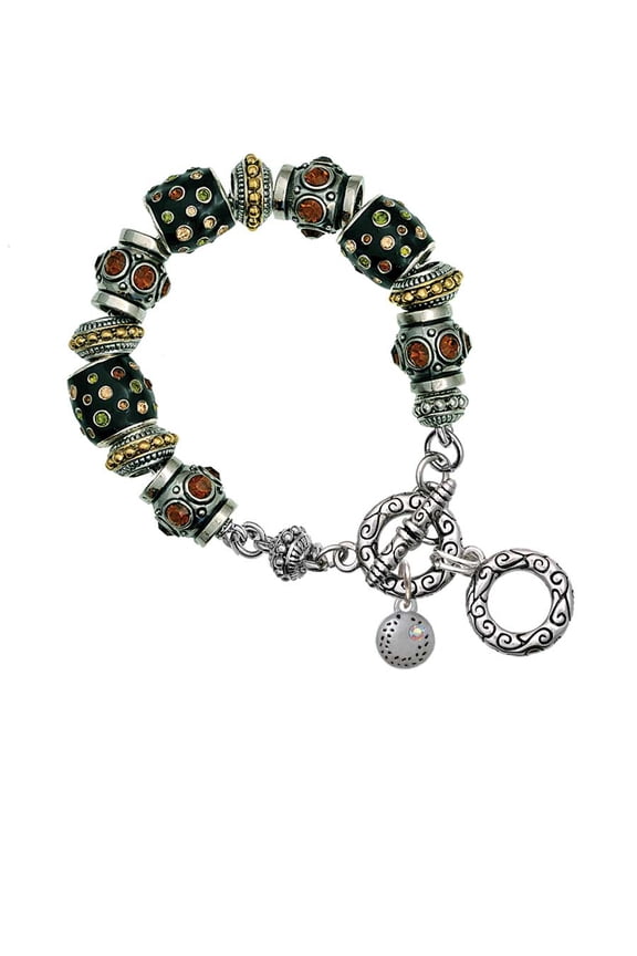 Silvertone Mini Softball/Baseball with AB Crystal Fall Crystal Bead Charm Bracelet