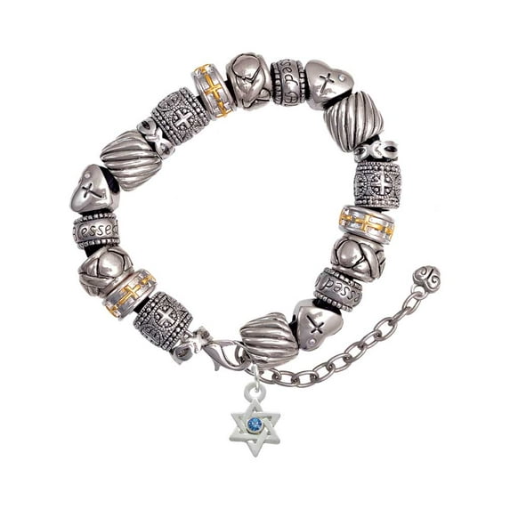 Silvertone Mini Star of David with Blue Crystal Silver Tone Christian Bead Bracelet
