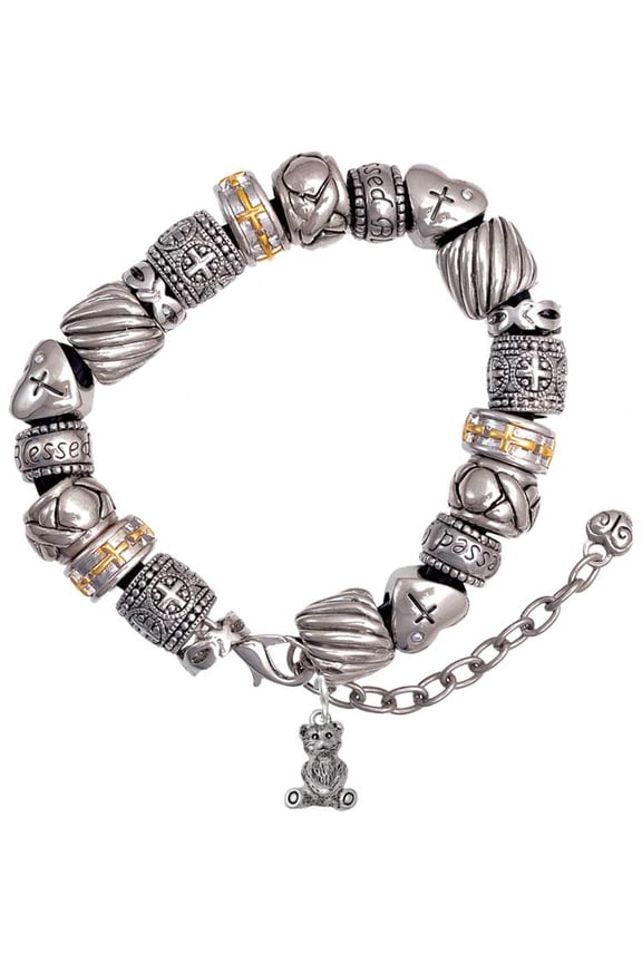 Silvertone Mini Teddy Bear Silver Tone Christian Bead Bracelet