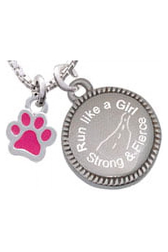 Silvertone Mini Translucent Hot Pink Paw Run Like a Girl - Strong and Fierce Engraved Necklace