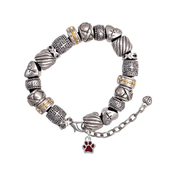 Silvertone Mini Translucent Maroon Paw Silver Tone Christian Bead Bracelet