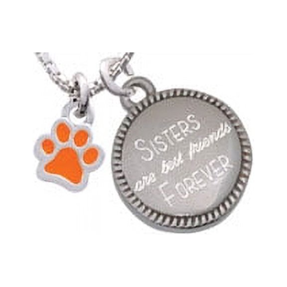Silvertone Mini Translucent Orange Paw Sisters Are Best Friends Forever Engraved Necklace