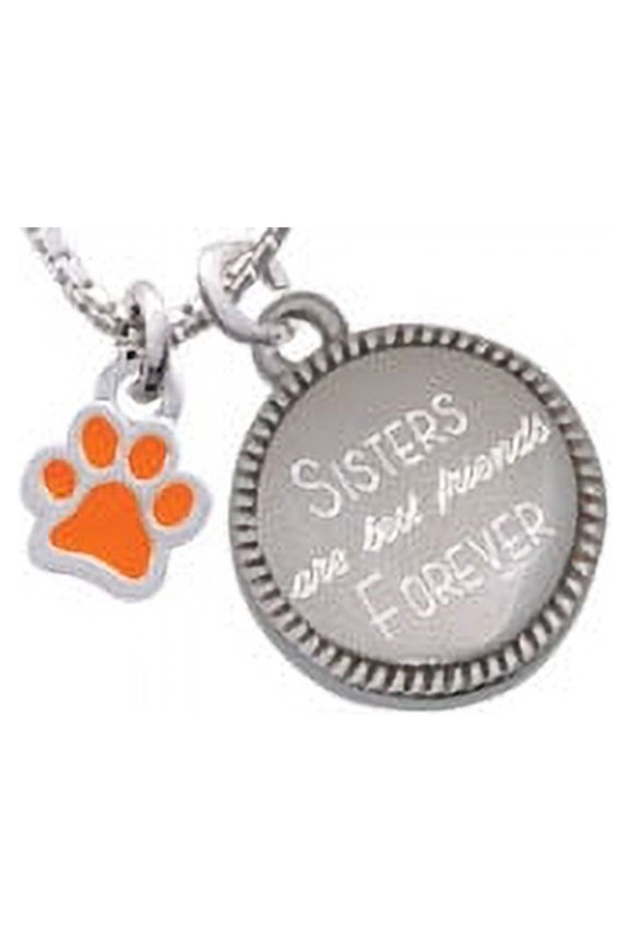 Silvertone Mini Translucent Orange Paw Sisters Are Best Friends Forever Engraved Necklace