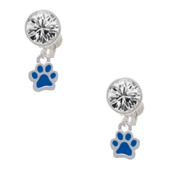 Silvertone Mini Translucent Royal Blue Paw Clear Crystal Clip On Earrings