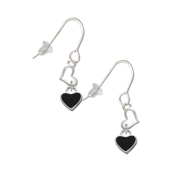 Silvertone Mini Two Sided Black Heart Heart French Earrings