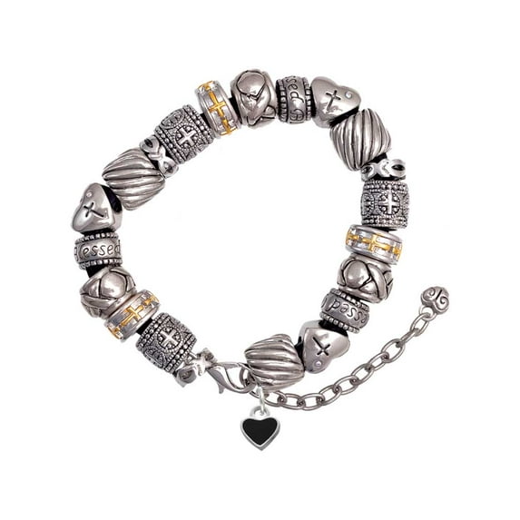 Silvertone Mini Two Sided Black Heart Silver Tone Christian Bead Bracelet