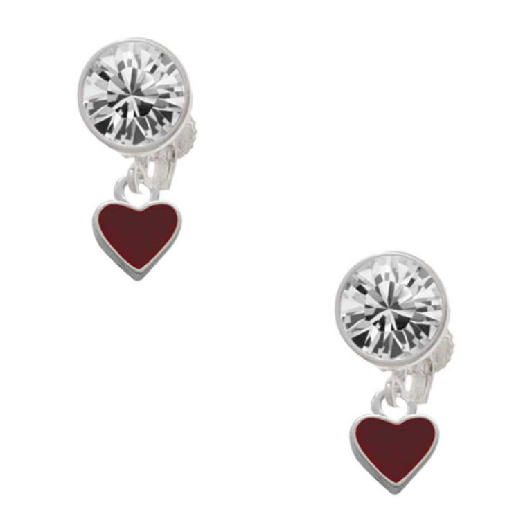 Silvertone Mini Two Sided Maroon Heart Clear Crystal Clip On Earrings