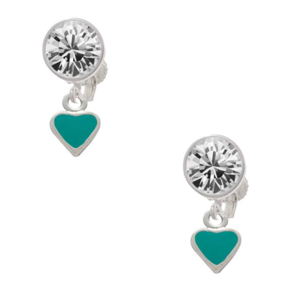 Silvertone Mini Two Sided Teal Heart Clear Crystal Clip On Earrings
