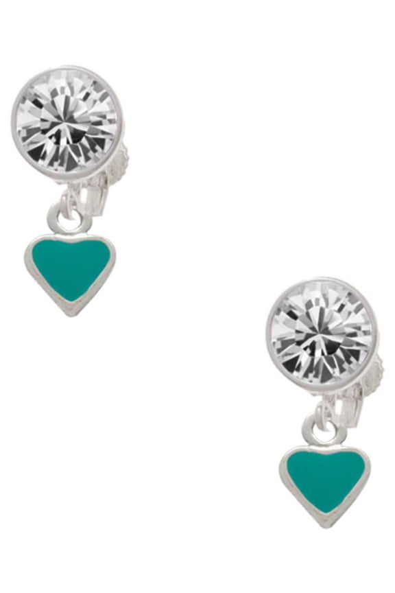 Silvertone Mini Two Sided Teal Heart Clear Crystal Clip On Earrings