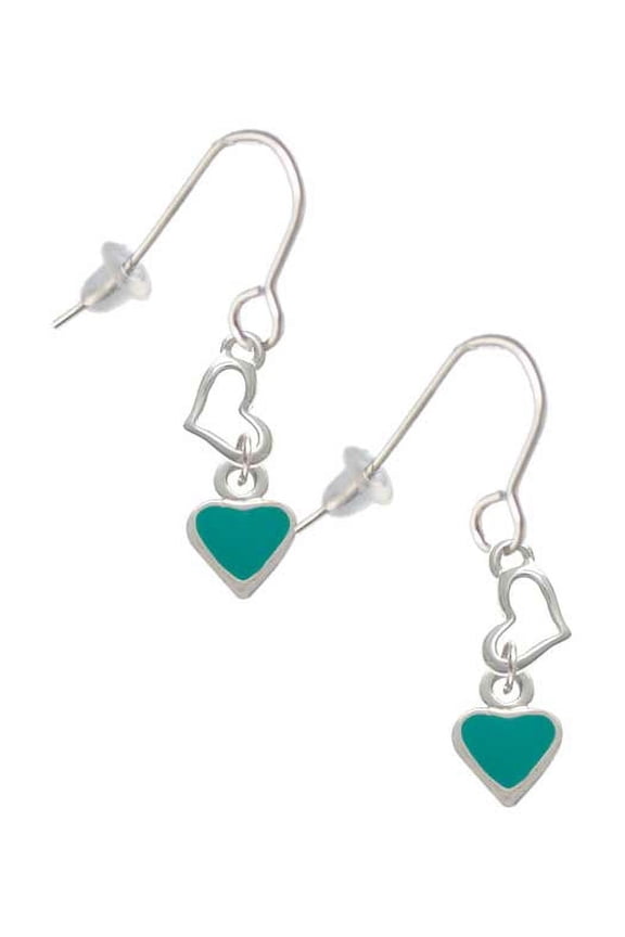 Silvertone Mini Two Sided Teal Heart Heart French Earrings