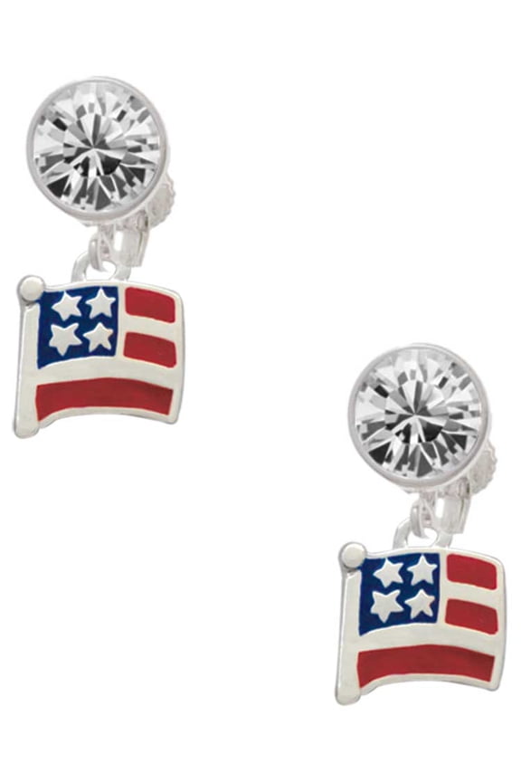 Silvertone Mini USA Flag Clear Crystal Clip On Earrings