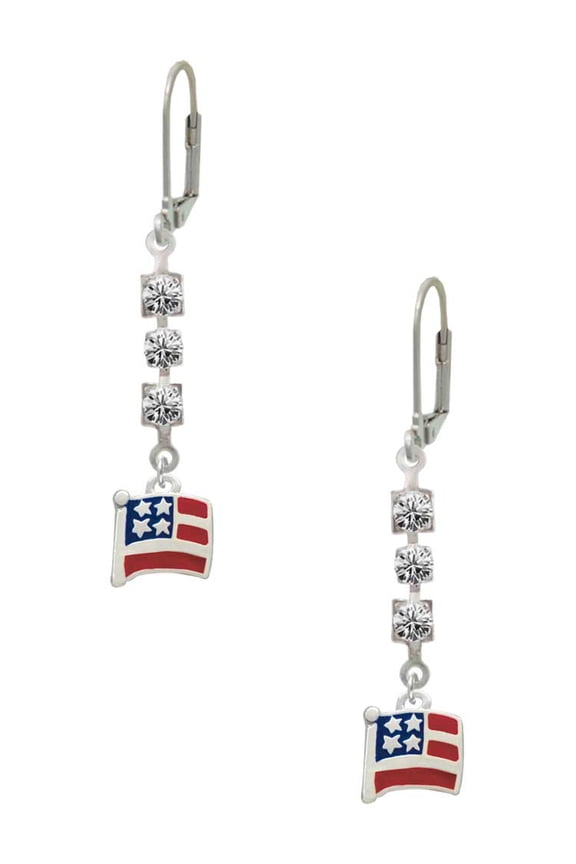 Silvertone Mini USA Flag Crystal Madison Leverback Earrings