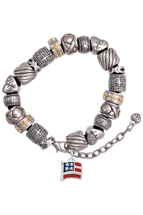 Silvertone Mini USA Flag Silver Tone Christian Bead Bracelet